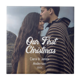 Our first Christmas couple photo name white gray Tegeltje