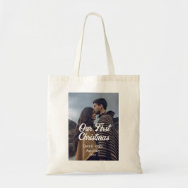 Our first Christmas couple photo name white gray Tote Bag