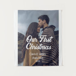 Our first Christmas couple photo name white gray Wandkleed