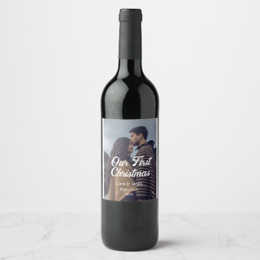 Our first Christmas couple photo name white gray Wijn Etiket (Voorkant)