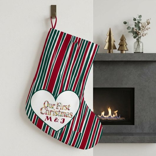 Our First Christmas Couples Plaid Monogram Initial Grote Kerstsok