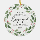 Our First Christmas Engaged Floral Greenery Wreath Keramisch Ornament (Voorkant)