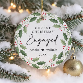 Our First Christmas Engaged Floral Greenery Wreath Keramisch Ornament