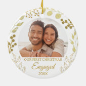 Our First Christmas Engaged Gold Foliage Photo Keramisch Ornament (Achterkant)
