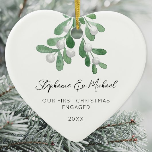 Our First Christmas Engaged Mistletoe Photo Heart  Keramisch Ornament