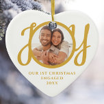 Our First Christmas Engaged Photo Heart-Shaped Keramisch Ornament<br><div class="desc">This keepsake heart-shaped First Christmas Engaged photo ceramic ornament is decorated with the word JOY in stylish gold script typography. Easily customizable.</div>