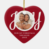 Our First Christmas Engaged Photo Red Heart-Shaped Keramisch Ornament (Achterkant)