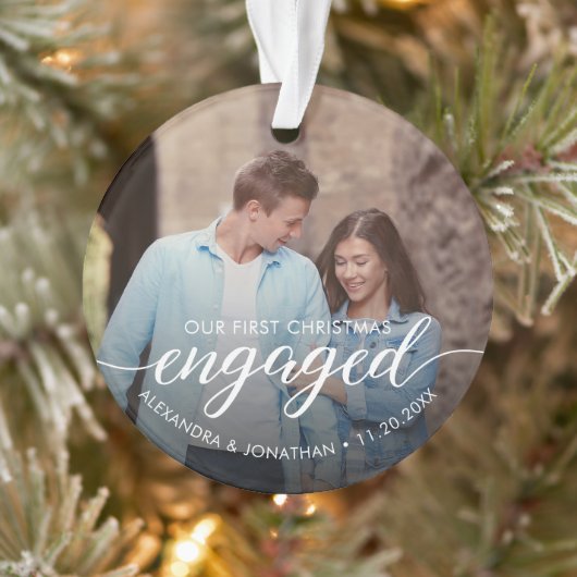 Our First Christmas Engaged Script Custom Photo Ornament (Boom)
