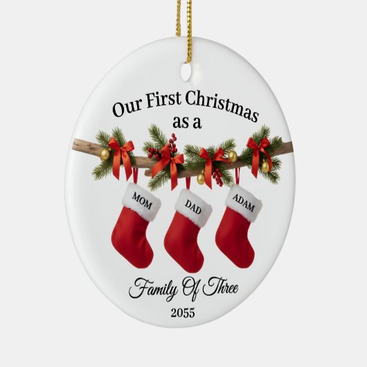 Our First Christmas Family of Three Stockings Keramisch Ornament (Rechts)