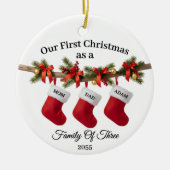 Our First Christmas Family of Three Stockings Keramisch Ornament (Voorkant)