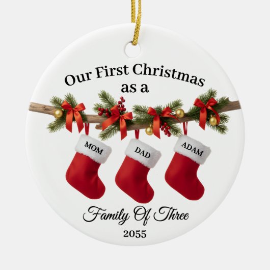 Our First Christmas Family of Three Stockings Keramisch Ornament (Voorkant)