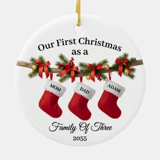 Our First Christmas Family of Three Stockings Keramisch Ornament (Achterkant)