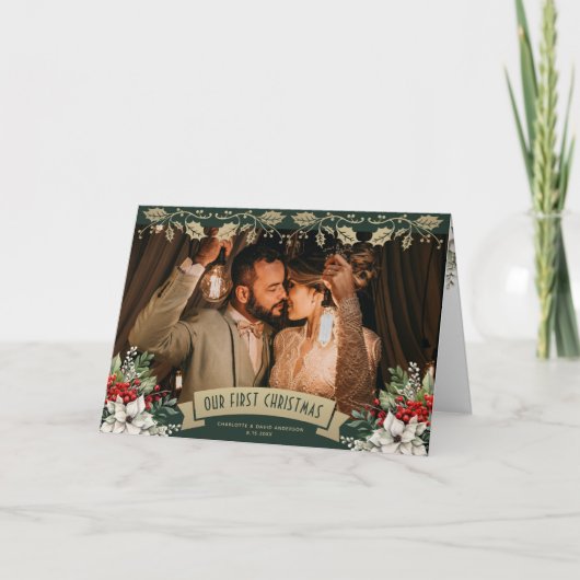 Our First Christmas Green Newlywed Photo Feestdagen Kaart (Voorkant)