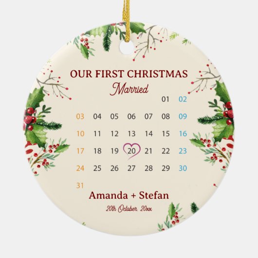 Our First Christmas Keepsake Married Calendar Keramisch Ornament (Achterkant)