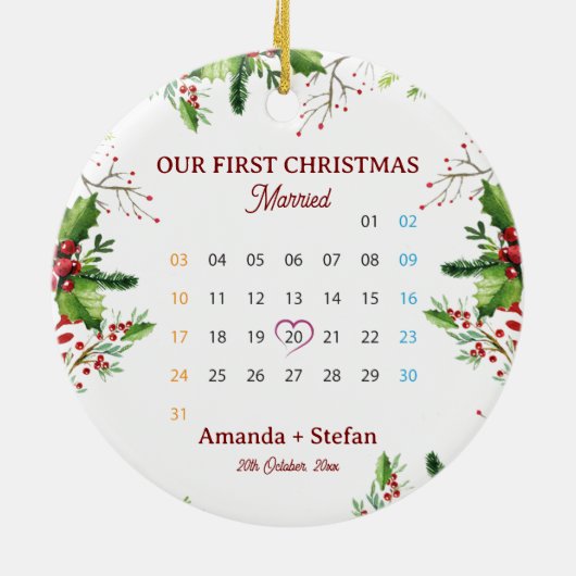Our First Christmas Married  Keepsake Calendar Keramisch Ornament (Achterkant)