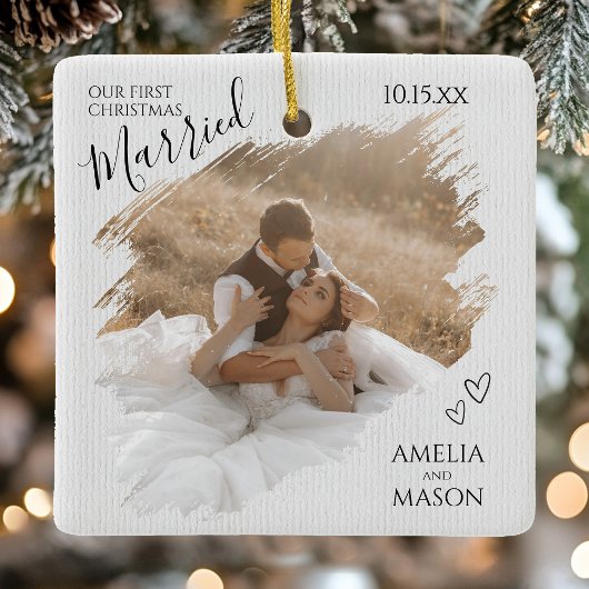 Our First Christmas Married Photo Brush Stroke  Keramisch Ornament