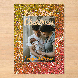 Our first Christmas orange red glitter photo year Acryl Uitnodigingen