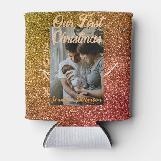 Our first Christmas orange red glitter photo year Blikjeskoeler (Voorkant)