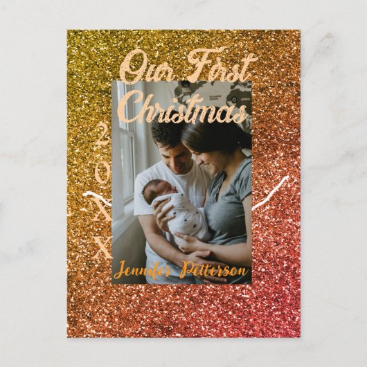 Our first Christmas orange red glitter photo year Briefkaart (Voorkant)
