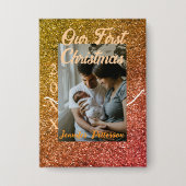 Our first Christmas orange red glitter photo year Button (Voorkant)