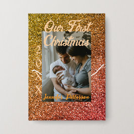Our first Christmas orange red glitter photo year Button