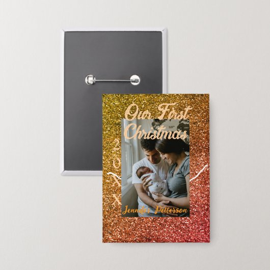 Our first Christmas orange red glitter photo year Button (Voorkant / Achterkant)