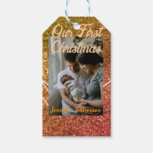 Our first Christmas orange red glitter photo year Cadeaulabel (Voorkant)