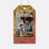Our first Christmas orange red glitter photo year Cadeaulabel (Achterkant)
