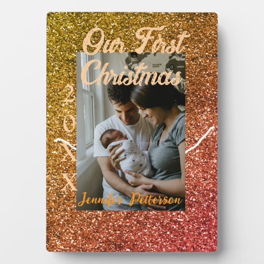 Our first Christmas orange red glitter photo year Fotoplaat (voorkant)
