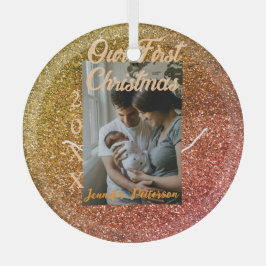 Our first Christmas orange red glitter photo year Glas Ornament