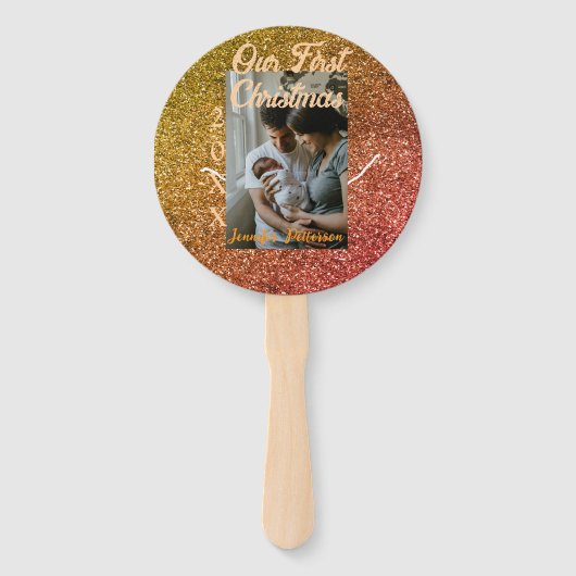 Our first Christmas orange red glitter photo year Handwaaier (Voorkant)