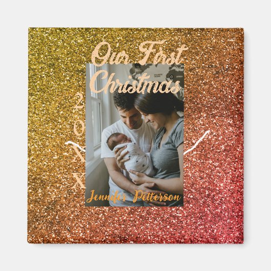 Our first Christmas orange red glitter photo year Magneet (Voorkant)