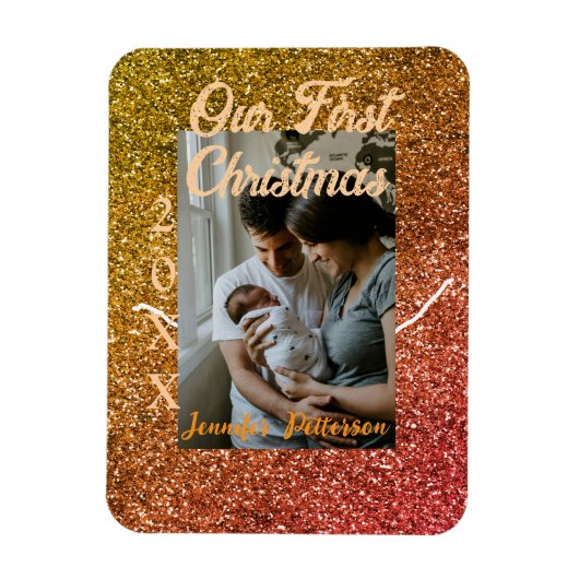 Our first Christmas orange red glitter photo year Magneet (Verticaal)