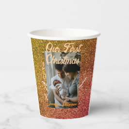 Our first Christmas orange red glitter photo year Papieren Bekers