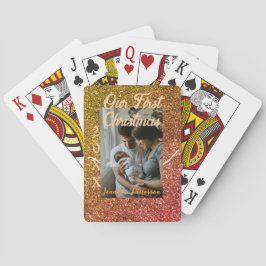 Our first Christmas orange red glitter photo year Pokerkaarten