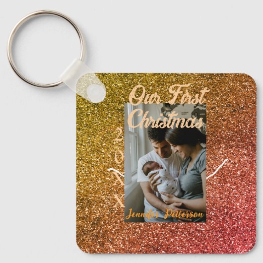 Our first Christmas orange red glitter photo year Sleutelhanger (Voorkant)