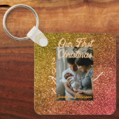 Our first Christmas orange red glitter photo year Sleutelhanger (Voorkant)