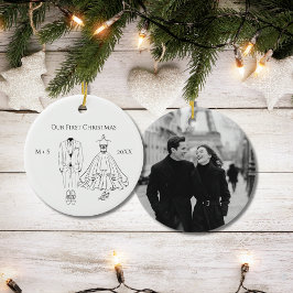 Our First Christmas Photo Wedding Dress Suit Cute Keramisch Ornament