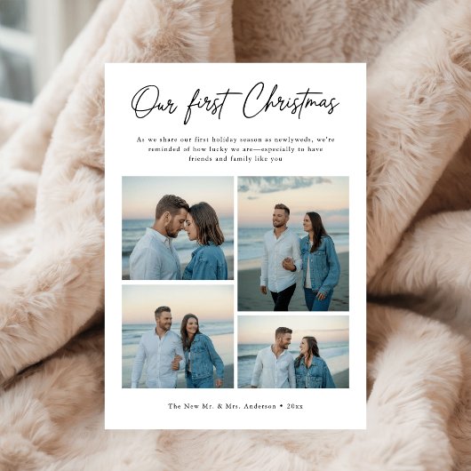 Our First Christmas Script Coastal Photo Newlywed Feestdagenkaart
