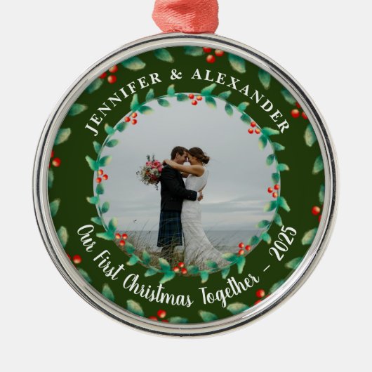 Our first christmas together holly photo metalen ornament (Voorkant)