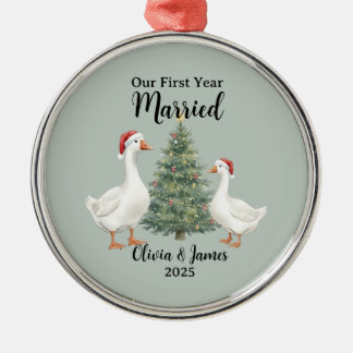 Our First Year Married Goose Custom Christmas Metalen Ornament