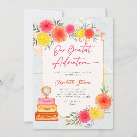 Our Greatest Adventure Floral Travel Theme Bridal Kaart (Voorkant)