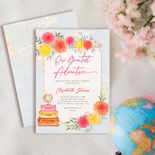 Our Greatest Adventure Floral Travel Theme Bridal Kaart