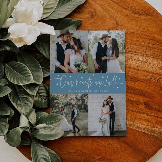 Our Hearts Are Full Wedding Photo Denim Blue Bedankkaart
