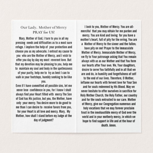 Our Lady Mother of Mercy Prayer Card Kaart (Binnenkant ongevouwen)