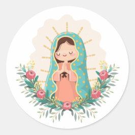 Our Lady of Guadalupe with flowers Kawaii Style Ronde Sticker