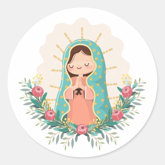 Our Lady of Guadalupe with flowers Kawaii Style Ronde Sticker (Voorkant)