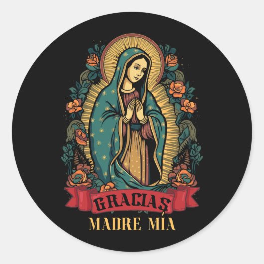 Our Lady Virgen De Guadalupe Virgin Mary Gracias Ronde Sticker (Voorkant)