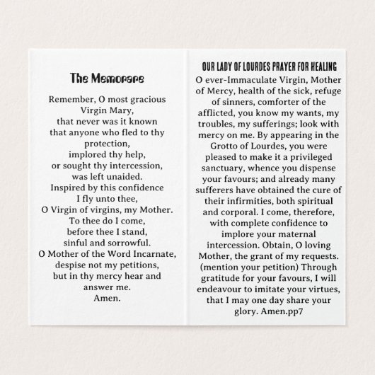 Our Lafy of Lourdes Prayer Card Kaart (Binnenkant ongevouwen)