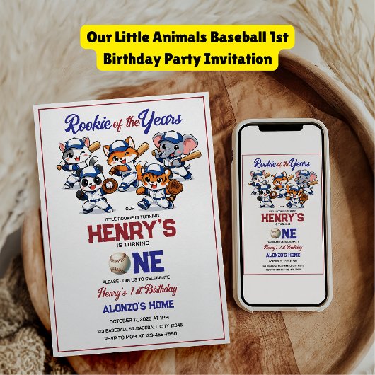 Our Little Animals Baseball 1st Birthday Party Kaart